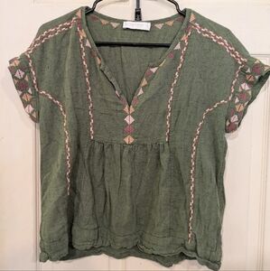 Lucky Brand Olive Blouse with Pink and Tan Embroidery Size XS
